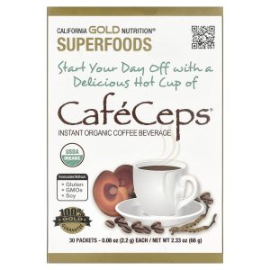California Gold Nutrition, CafeCeps®, Certified Organic Instant Coffee with Cordyceps, and Reishi Mushroom Powder, 30 Packets, 0.08 oz (2.2 g) Each
