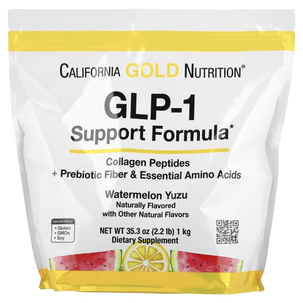 California Gold Nutrition, GLP-1 Support Formula with Collagen Peptides, Prebiotic Fiber & Essential Amino Acids, Watermelon Yuzu, 2.2 lb (1 kg)