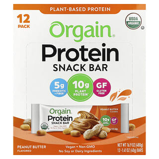 Orgain, Plant-Based Protein Snack Bar, Peanut Butter, 12 Bars, 1.41 oz (40 g) Each