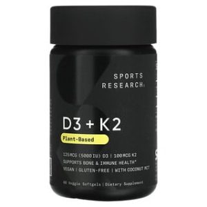 Sports Research, D3 + K2, Plant-Based, 125 mcg/100 mcg, 60 Veggie Softgels
