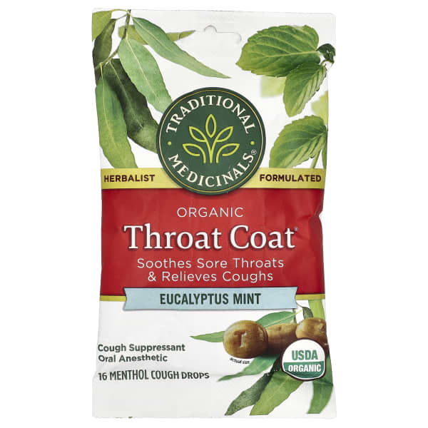 Traditional Medicinals, Organic Throat Coat® Drops, Eucalyptus Mint, 16 Menthol Cough Drops