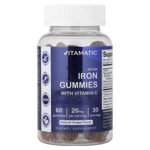 Vitamatic, Vegan Iron Gummies With Vitamin C, Natural Grape, 60 Gummies