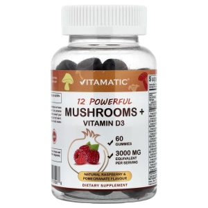 Vitamatic, 12 Powerful Mushrooms + Vitamin D3, Natural Raspberry & Pomegranate, 60 Gummies